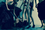 From left black Gown by Valentino Vintage, background black Gown by Givency Vintage, shoes by Zara, lingerie by La Perla, shoes by Gucci vintage, black velevet Gown by Givenchy, shoes by Silvian Heach; Photography Leonardo V