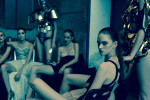 Front image Lingerie by La Perla, Golden Armor by Antonio Urzi, in the back ground black Gown by Valentino Vintage Moscova libri e robe, couture embroedery dress by Moscova libri e robe, shoes by Zara, Silver Armor by Antonio Urzi.; Photography Leonardo V